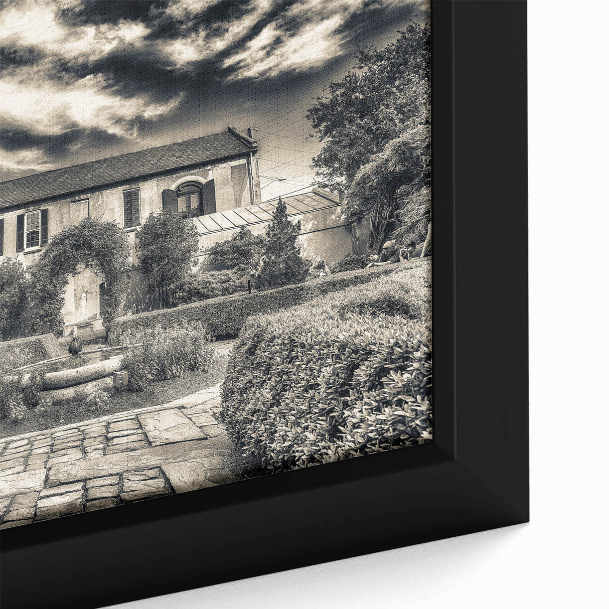 Framed canvas of a textured Savannah, Georgia scene in black with colorful accents, ideal for living room decor.
