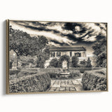 Framed canvas featuring a vintage-style landscape painting of Savannah, Georgia with black and gold tones.