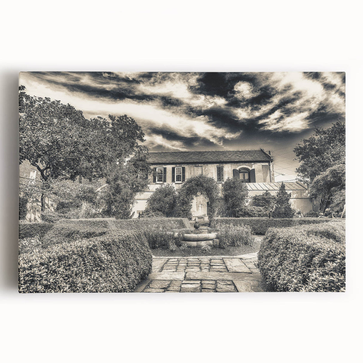 Black and white stretched canvas of Savannah, Georgia scenery, ideal for kitchen wall art.