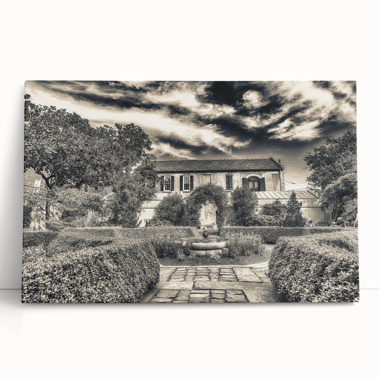 Black and white stretched canvas of Savannah, Georgia, scenery, ideal for kitchen wall art or bedroom ambiance.