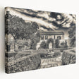 Large art print of Savannah, Georgia, in muted earth tones on stretched canvas, ideal for kitchen wall art.