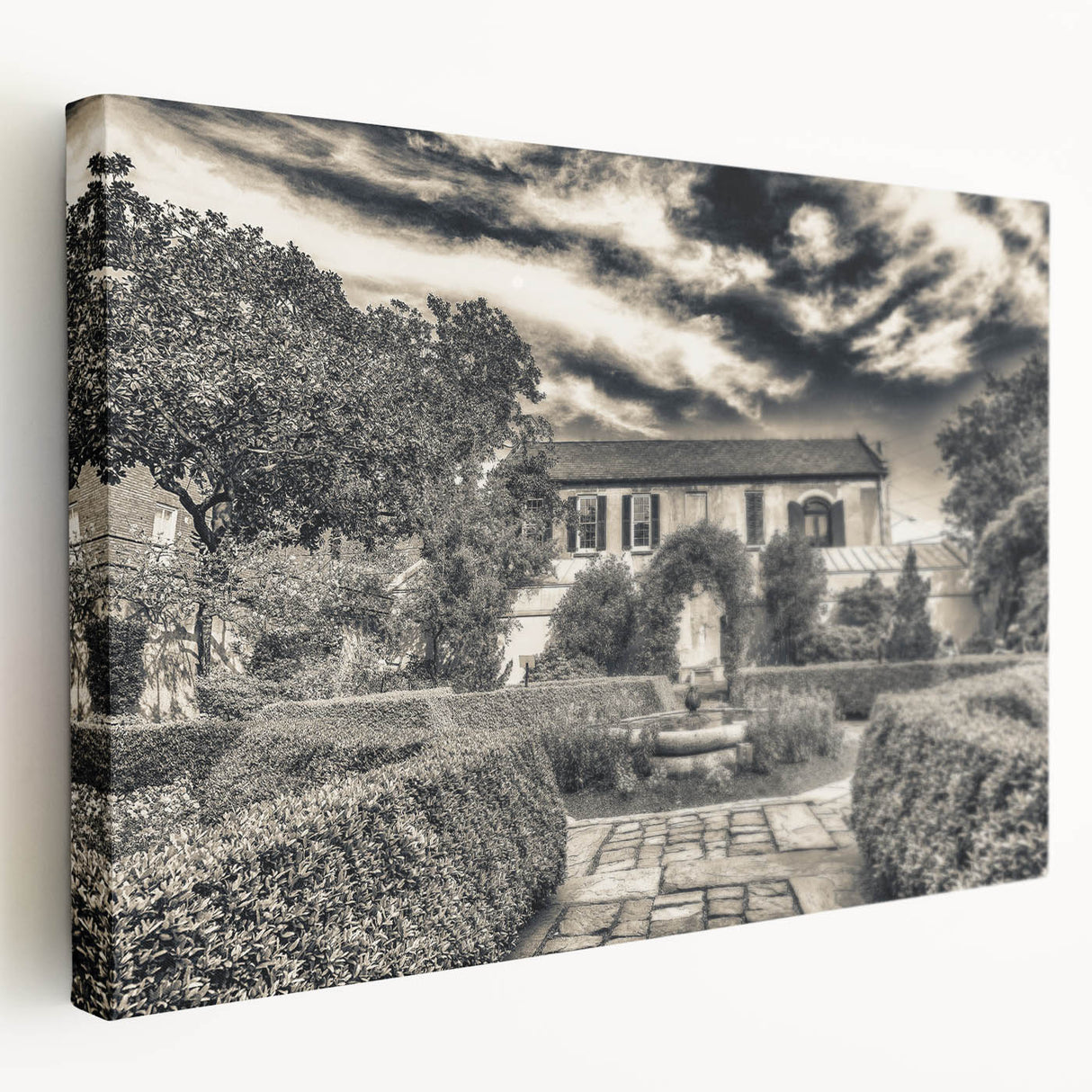 Large art print of Savannah, Georgia, in muted earth tones on stretched canvas, ideal for kitchen wall art.