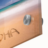 Acrylic glass print of a large abstract depiction of Kauai, Hawaii in vibrant green and blue tones.