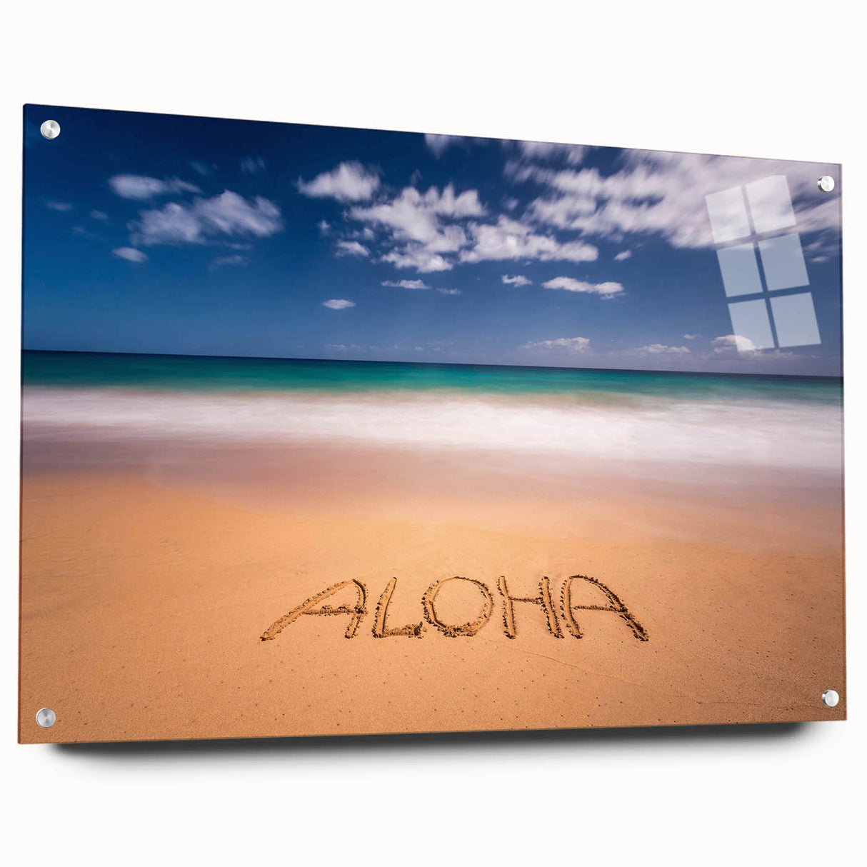 Acrylic print of a Kauai, Hawaii landscape, featuring vivid green and blue tones, suitable for bedroom or dining room decor.