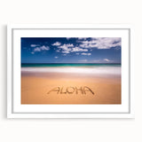 Abstract art print of Kauai landscape in muted green and blue tones, framed with a white mat, ideal for dining room decor.