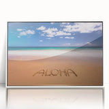 Art deco poster of Kauai scenery on framed acrylic, featuring serene blue and green tones, ideal for modern nursery decor.