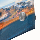 Mid-century modernist acrylic glass print of abstract Maui scenery in vibrant blues and greens, ideal for dining room art.