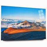 Large abstract wall art of Maui scenery in vibrant blues and greens on acrylic glass, ideal for bedroom or dining room decor.