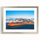 Textured abstract art print of Maui scenery in muted blue and green shades on a framed silver mat, suitable for bedroom art.