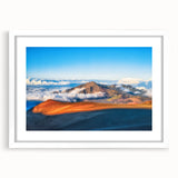 Abstract art print of Maui scenery in muted green and blue tones on a white framed canvas, ideal for dining room decor.