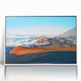 Art deco poster of a Maui, Hawaii landscape in vibrant blue and green tones on framed acrylic.