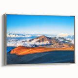 Framed canvas featuring a vintage-style landscape art painting of Maui, with vibrant blue and green tones.