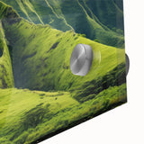 Large abstract wall art of Oahu, Hawaii, in muted blue and green tones on acrylic glass, ideal for dining room decor.