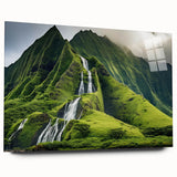 Acrylic print of a large abstract depiction of Oahu, Hawaii, in vibrant blue and green tones.