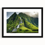 Colorful abstract art print of Oahu scenery in vibrant hues, framed in black, ideal for living room decor.