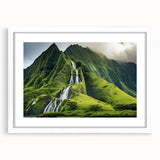 Abstract art print of Oahu, Hawaii, featuring vibrant blue and green tones on a framed white canvas.