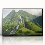 Large abstract wall art depicting Oahu's coastline in muted blue and green shades on a framed acrylic panel.