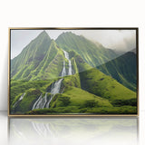 Large art print of Oahu, Hawaii scenery in mid-century modernist style, framed in gold acrylic.