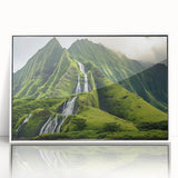 Art deco poster of Oahu, Hawaii landscape in muted blues and greens on white framed acrylic.