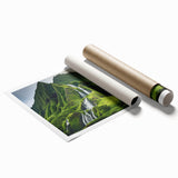 Extra large rolled print of Oahu, Hawaii scenery with vibrant floral elements, ideal for classy bathroom wall art.