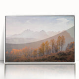 Acrylic print of a scenic Idaho landscape in muted greens and blues, framed in white, suitable for modern art wall decor.