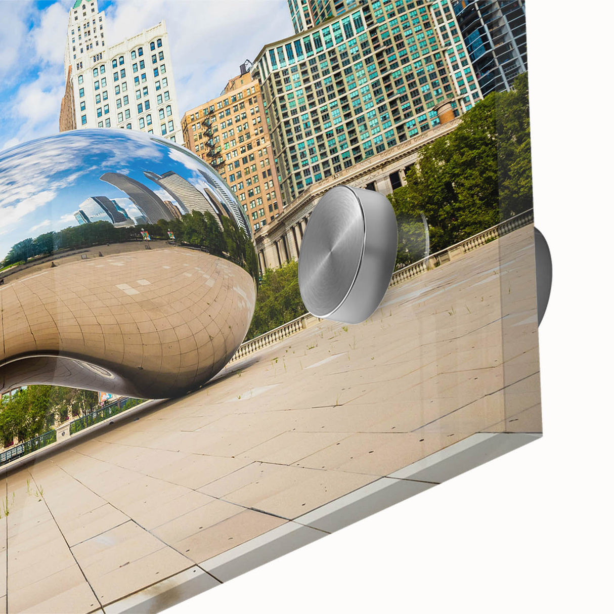Large abstract depiction of the Chicago skyline in muted blues and grays on acrylic glass, suitable for dining room art.