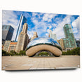 Abstract acrylic print of Chicago skyline in muted blue tones, ideal for bedroom or dining room decor.