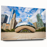 Abstract acrylic print of Chicago skyline in muted blue tones, ideal for bedroom or dining room decor.