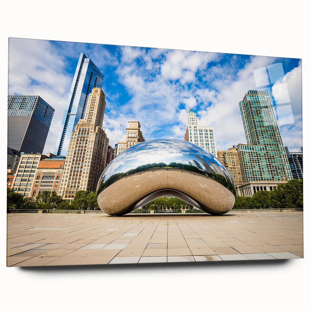 Large abstract depiction of Chicago skyline in muted blue and gray tones on acrylic glass.