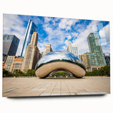 Large abstract depiction of Chicago skyline in muted blue and gray tones on acrylic glass.