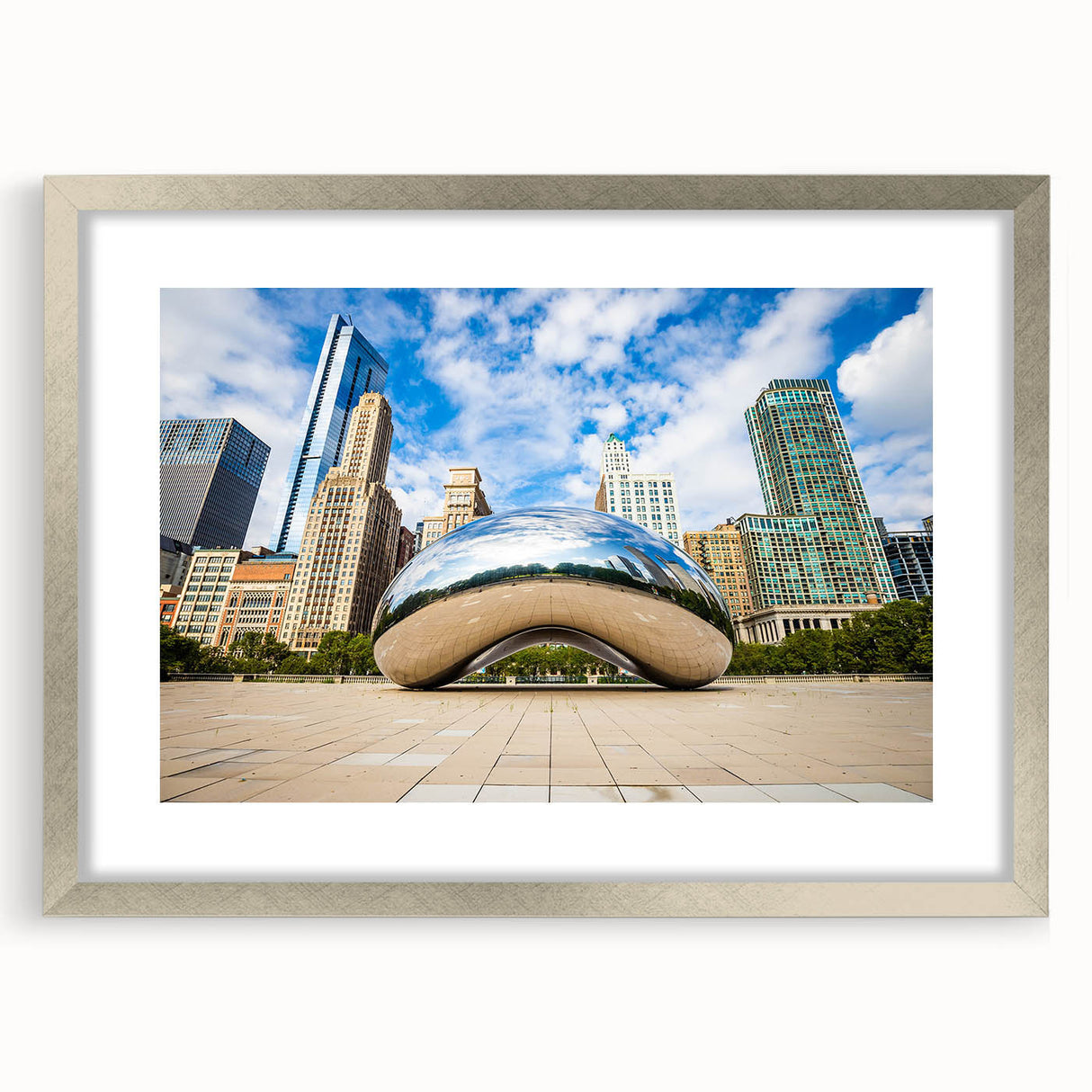 Textured art print of Chicago skyline in muted gray tones on a framed canvas, suitable for bedroom decor.