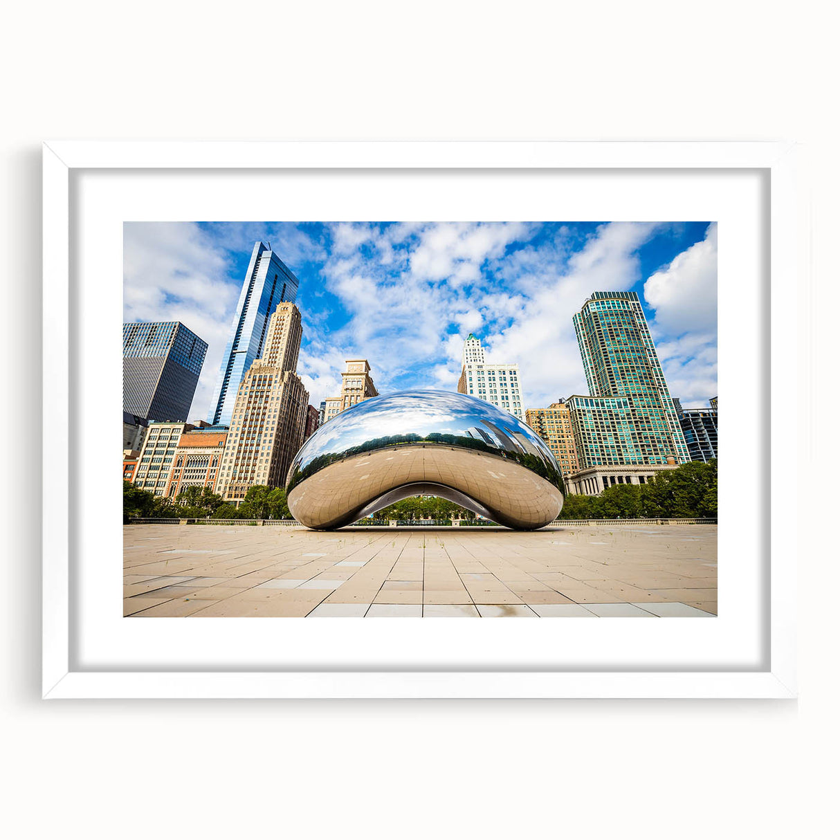 Abstract art print of Chicago skyline in muted blue and gray tones on a framed white mat, suitable for dining room decor.