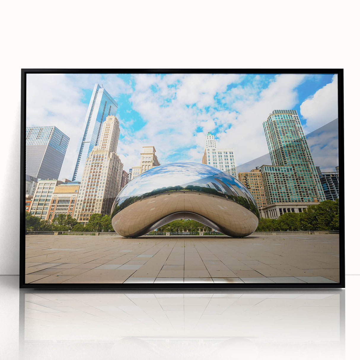 Large abstract wall art depicting Chicago skyline in muted gray and blue tones on framed acrylic.