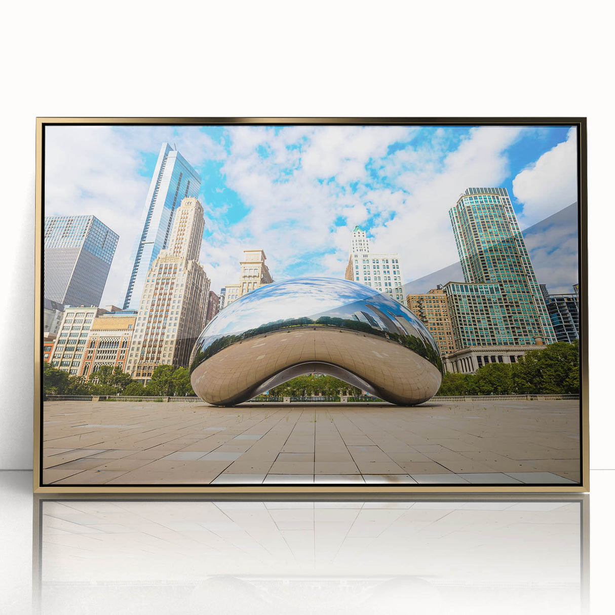 Large art print of Chicago skyline, in gold and blue tones on framed acrylic, suited for modern art wall decor.