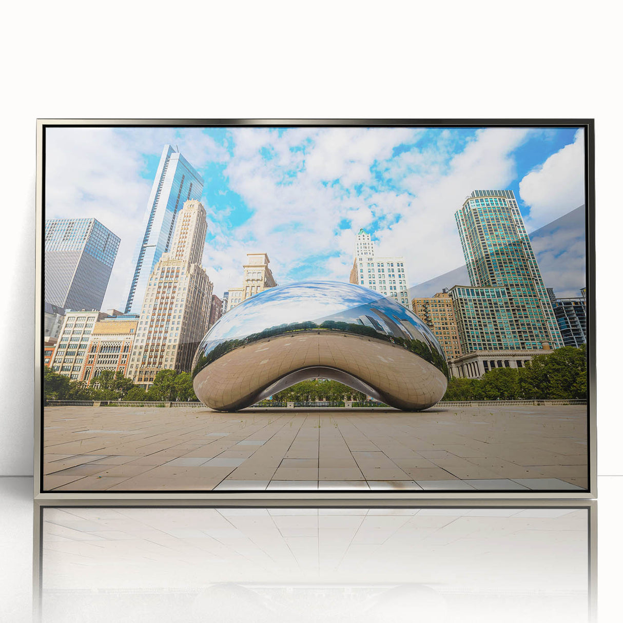 Mid-century modernist art of Chicago skyline in silver acrylic frame, suited for modern art wall decor.