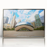 Mid-century modernist art of Chicago skyline in silver acrylic frame, suited for modern art wall decor.