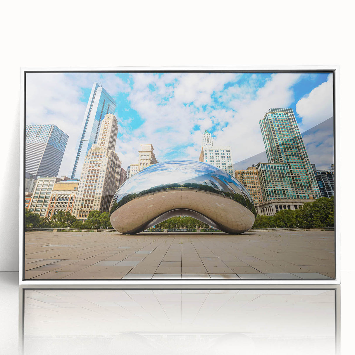 Art deco style Chicago skyline on a white acrylic framed print, suitable as modern art wall decor or for a nursery.