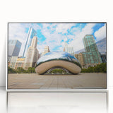 Art deco style Chicago skyline on a white acrylic framed print, suitable as modern art wall decor or for a nursery.