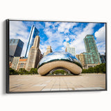 Black and white wall art depicting the Chicago skyline on a framed canvas, ideal for bedroom decor.