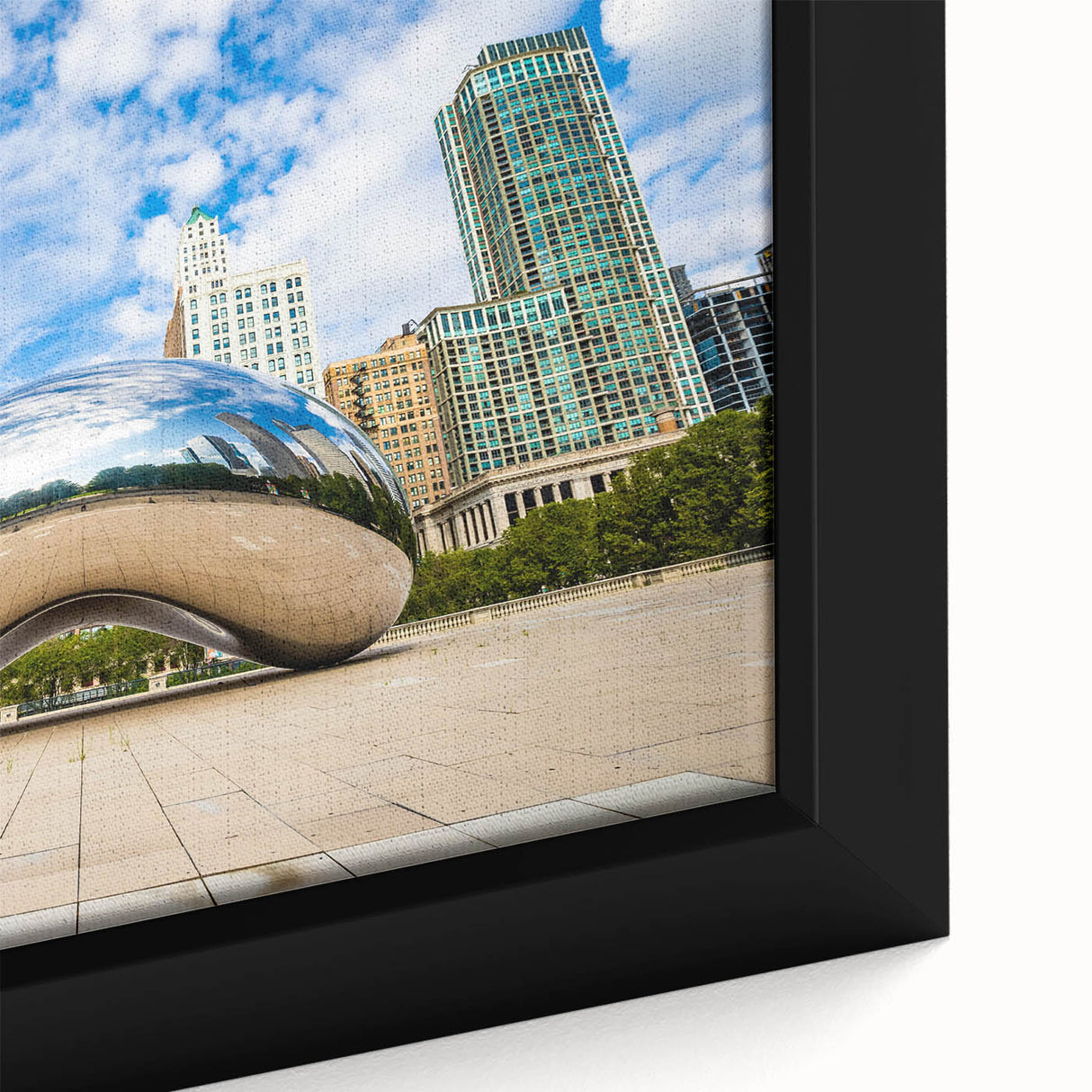 Extra large framed canvas of a textured Chicago skyline in black with colorful accents, ideal for living room decor.