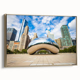 Framed canvas of Chicago skyline with gold accents, in muted colors, ideal for bedroom wall art.
