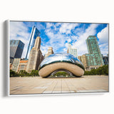 Vintage poster art of Chicago skyline in colorful hues on extra large framed canvas, ideal for living room decor.