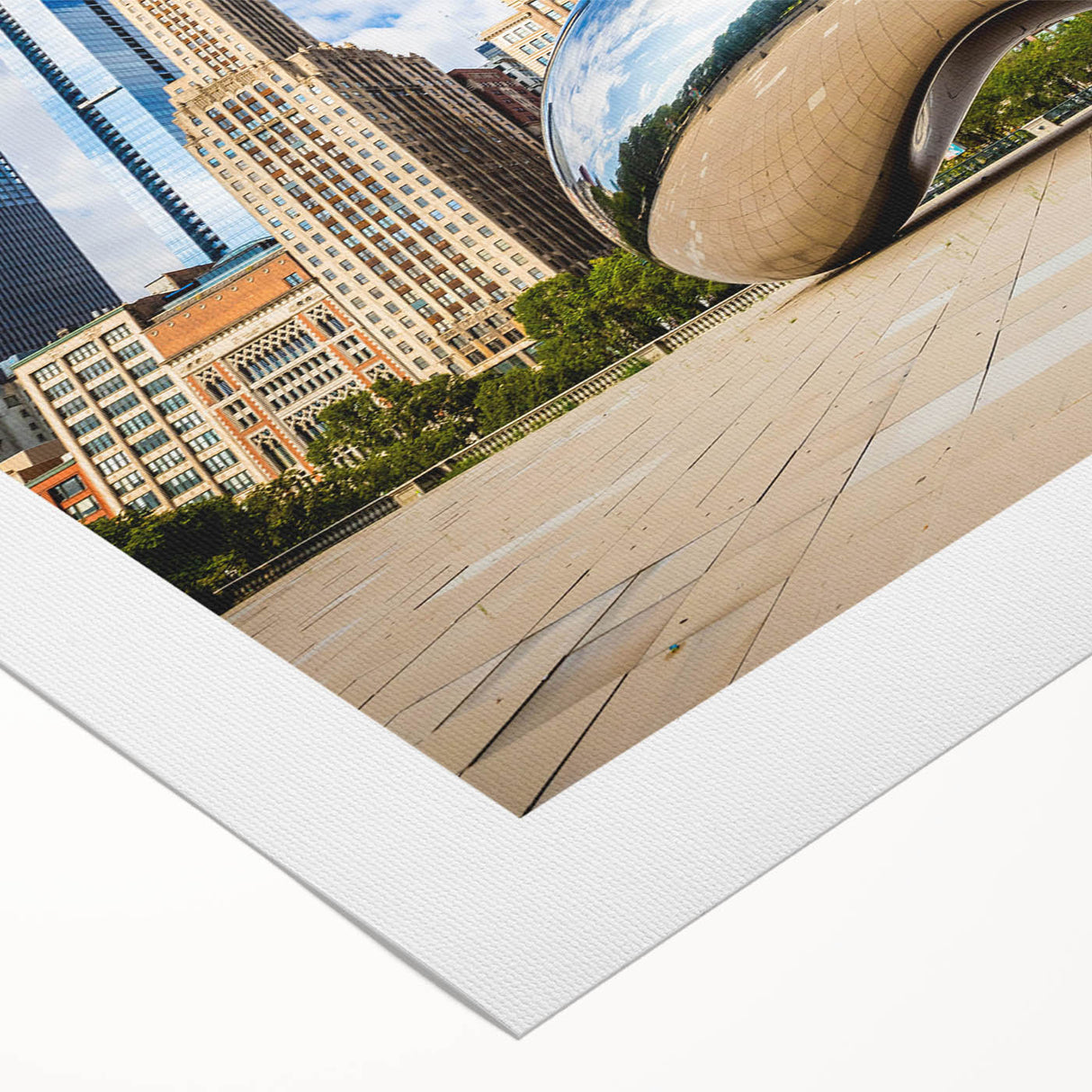 Art deco poster of Chicago skyline in muted gray and blue tones on rolled canvas, suitable for dining room wall art.
