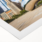 Art deco poster of Chicago skyline in muted gray and blue tones on rolled canvas, suitable for dining room wall art.