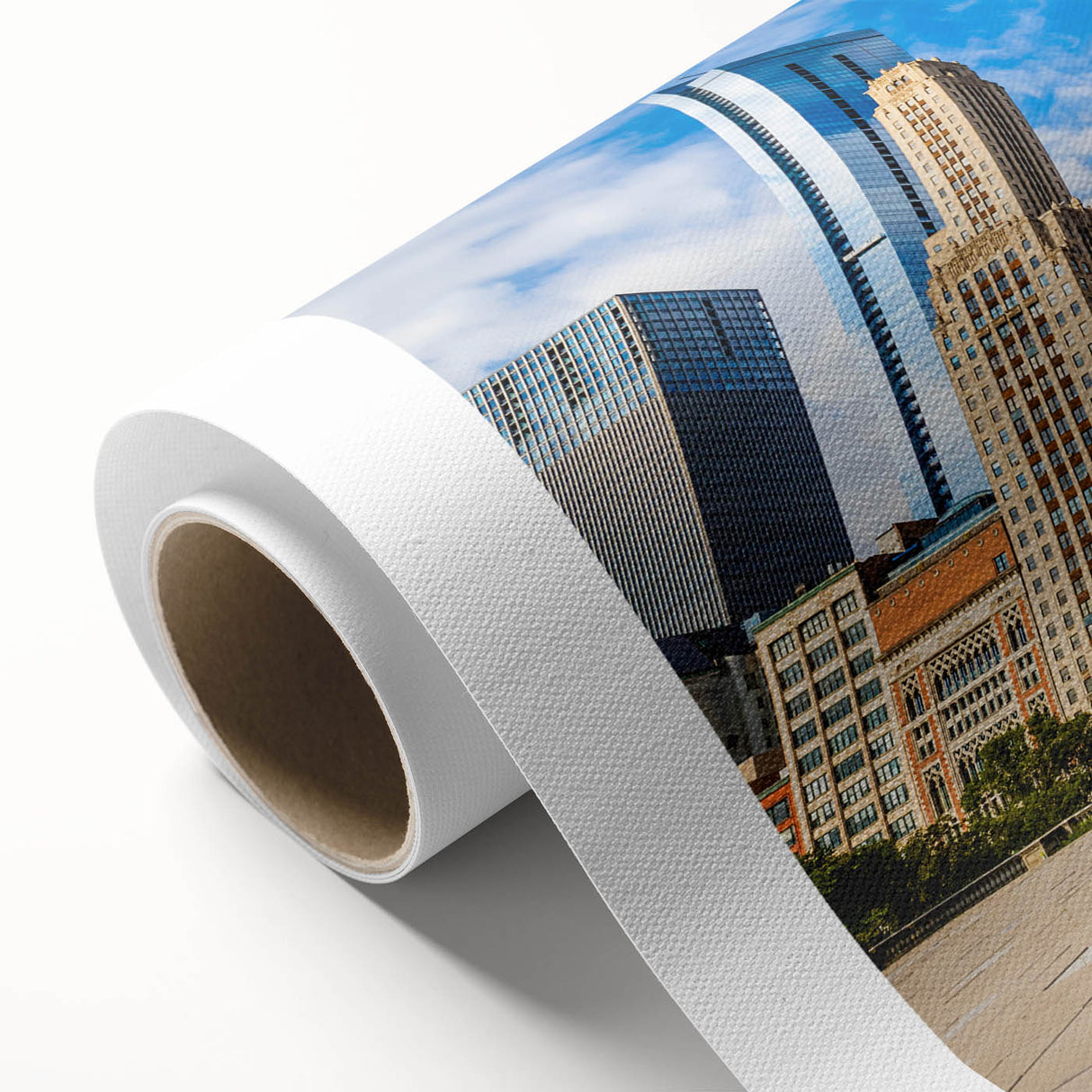 Art Deco style poster of Chicago skyline in muted metallic tones, on rolled canvas, suitable for dining room wall art.