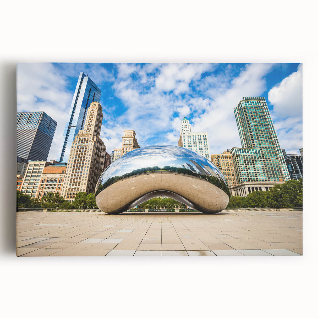 Black and white stretched canvas of Chicago skyline, ideal for kitchen wall art.