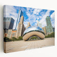 Large art print of the Chicago skyline in muted gray and blue tones on stretched canvas, ideal for kitchen wall art.