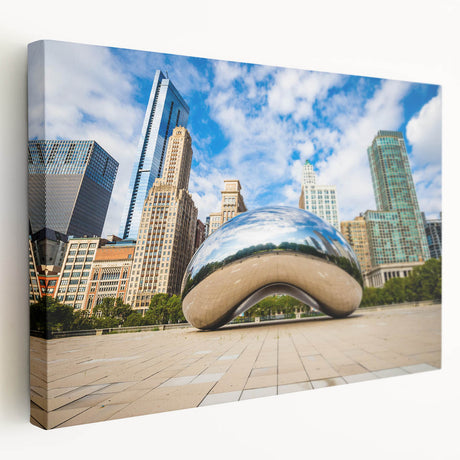 Large art print of the Chicago skyline in muted gray and blue tones on stretched canvas, ideal for kitchen wall art.