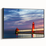 Black and white framed canvas of Lake Michigan landscape, ideal for bedroom wall art in a vintage poster style.