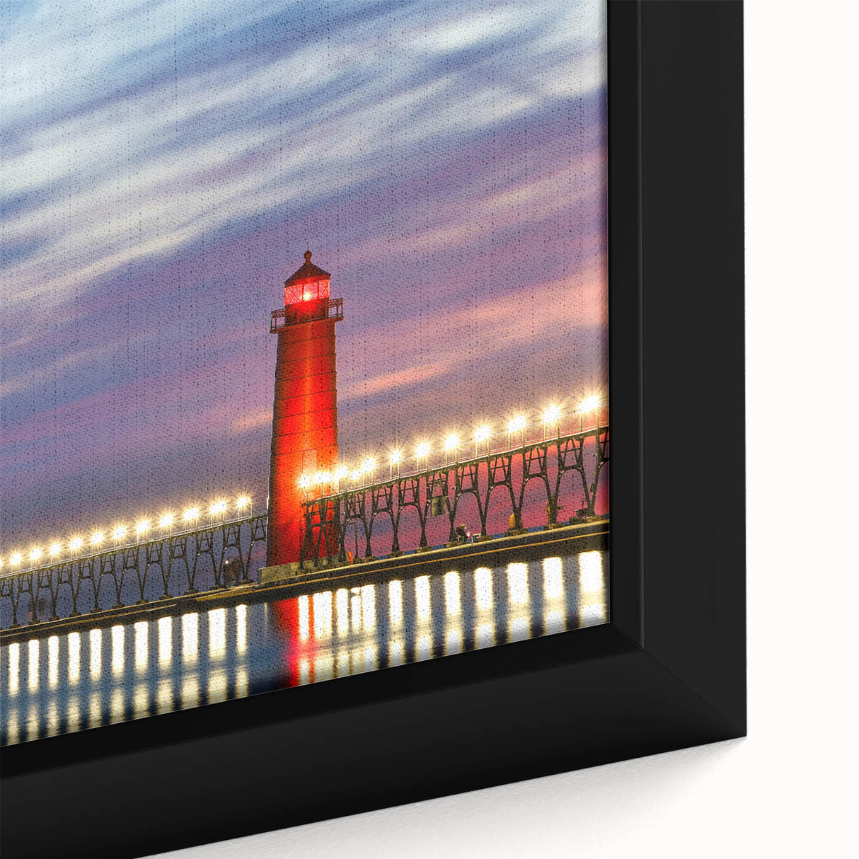 Extra large framed canvas of Lake Michigan with a textured black skyline and colorful sky, ideal for living room decor.